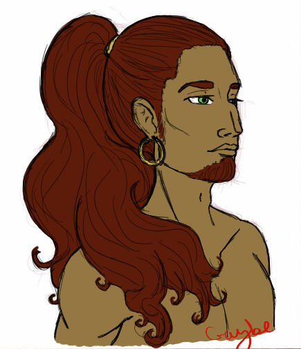 A dark skinned elf with red tattoos on his chest and face looks angrily right. His mousy brown hair in a bun, shirt in his hand.