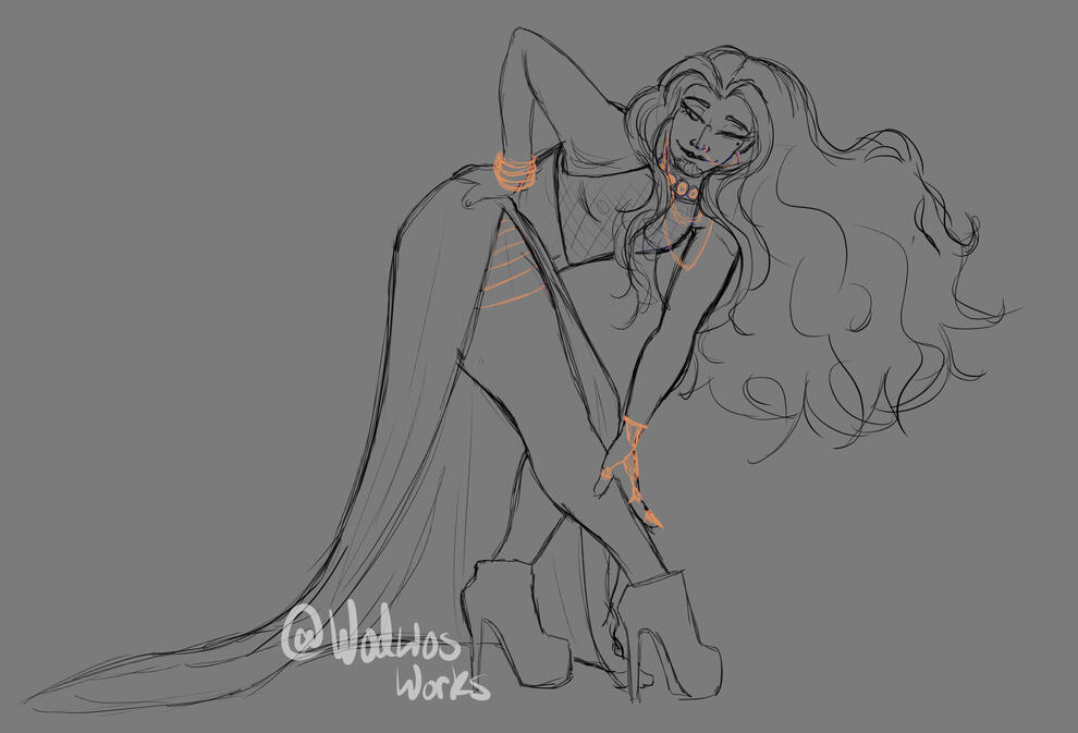 A full body sketch of a man in high heels posing. He's bent so one hand rests on his leg, the other on his hip. He's looking up, winking at the viewer.
