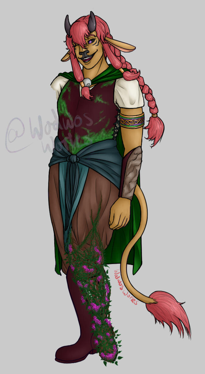 Fullbody lineart of a firbolg with pink hair.