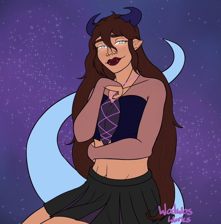 A bust sketch of a girl with horns and fangs with a starry night background smiling softly at the viewer